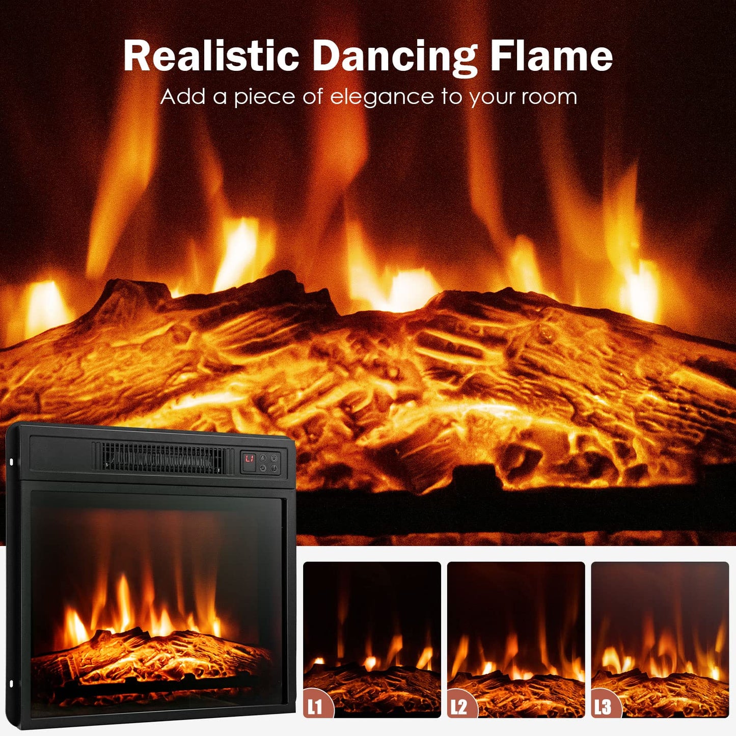 Electric Fireplace Insert 18-inch Wide, 1400W Recessed Fireplace Heater with Remote Control, 3 LED Flame Effects