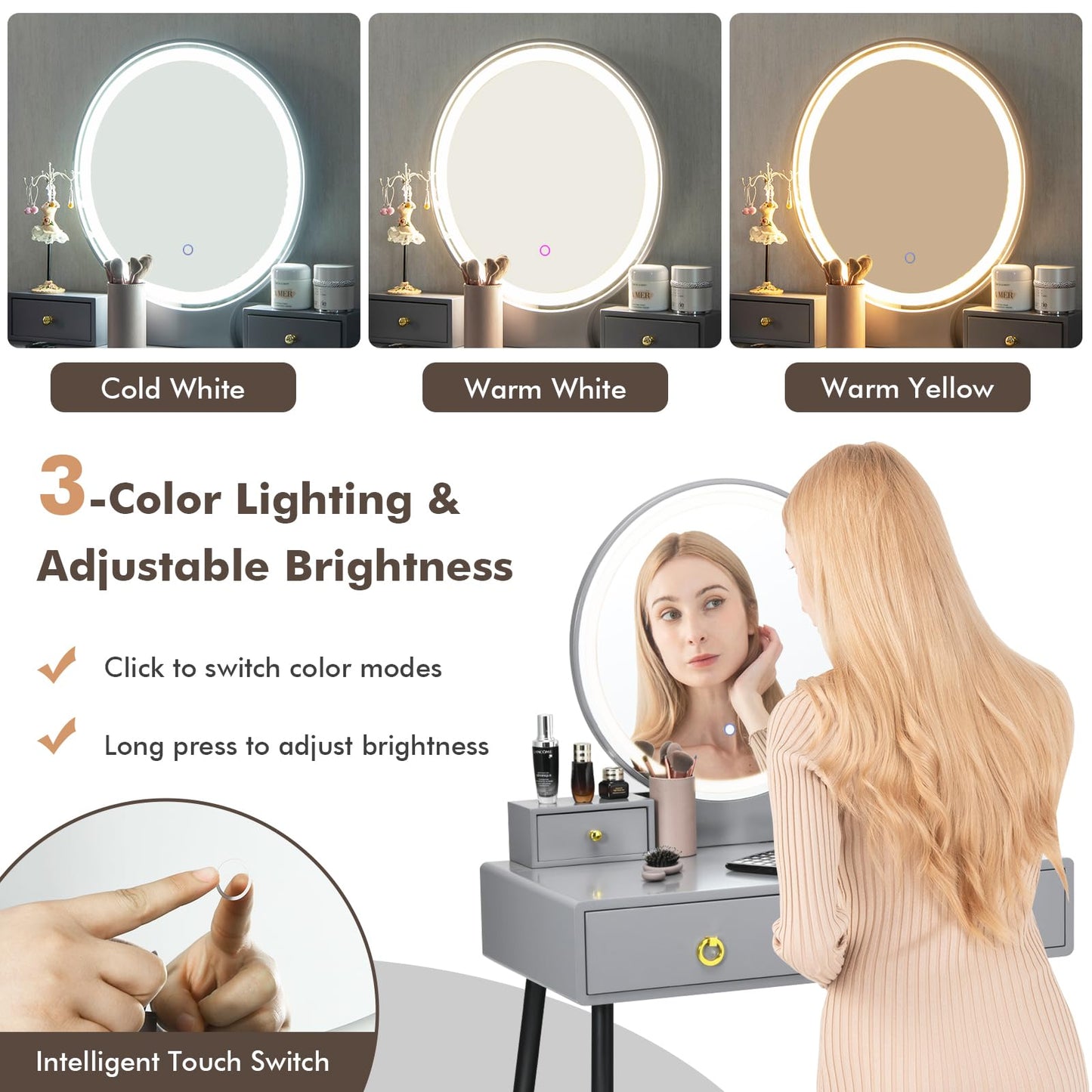 Vanity Table Set with Mirror and Lights w/ 3 Color Lighting Modes & Adjustable Brightness