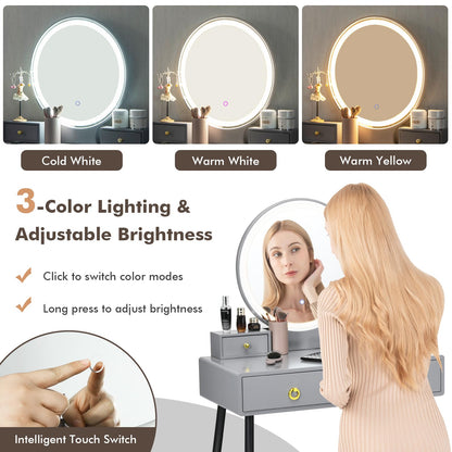 Vanity Table Set with Mirror and Lights w/ 3 Color Lighting Modes & Adjustable Brightness