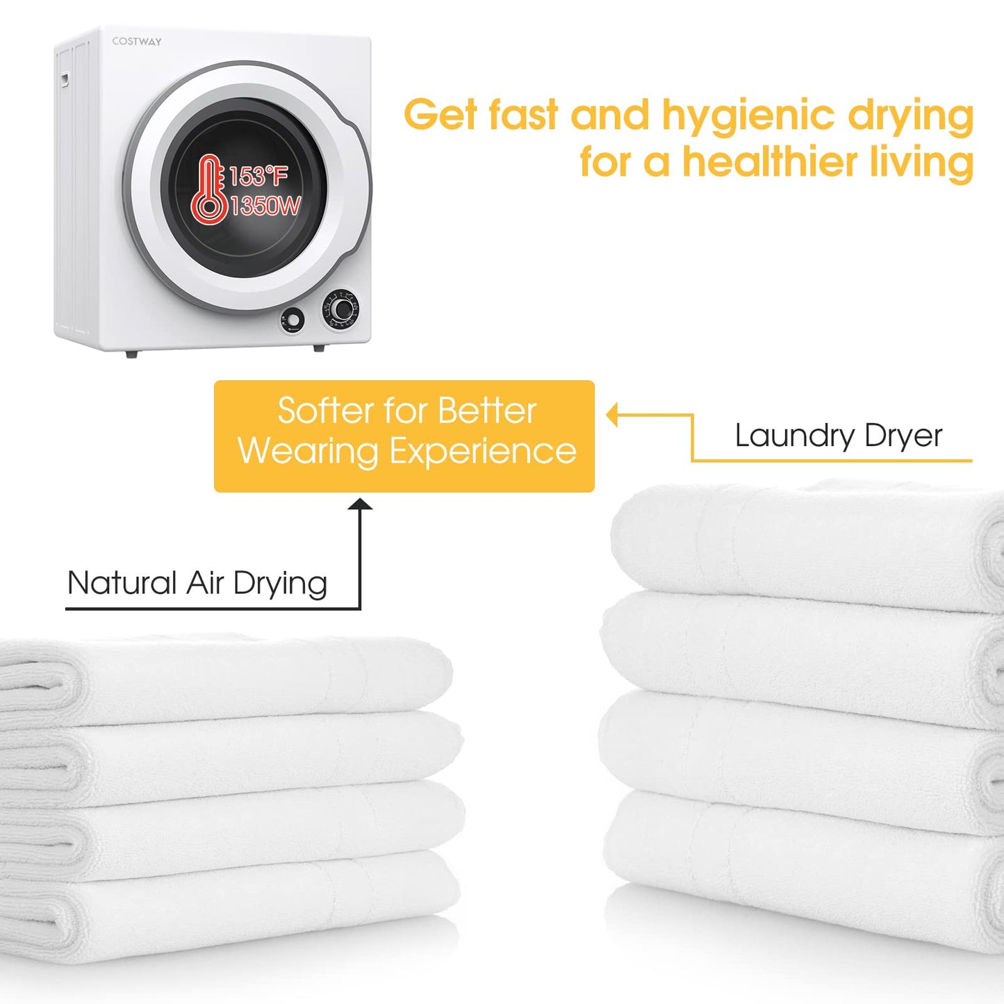 Compact Laundry Dryer with Stainless Steel Drum 5 Drying Programs and Adjustable Exhaust Vent