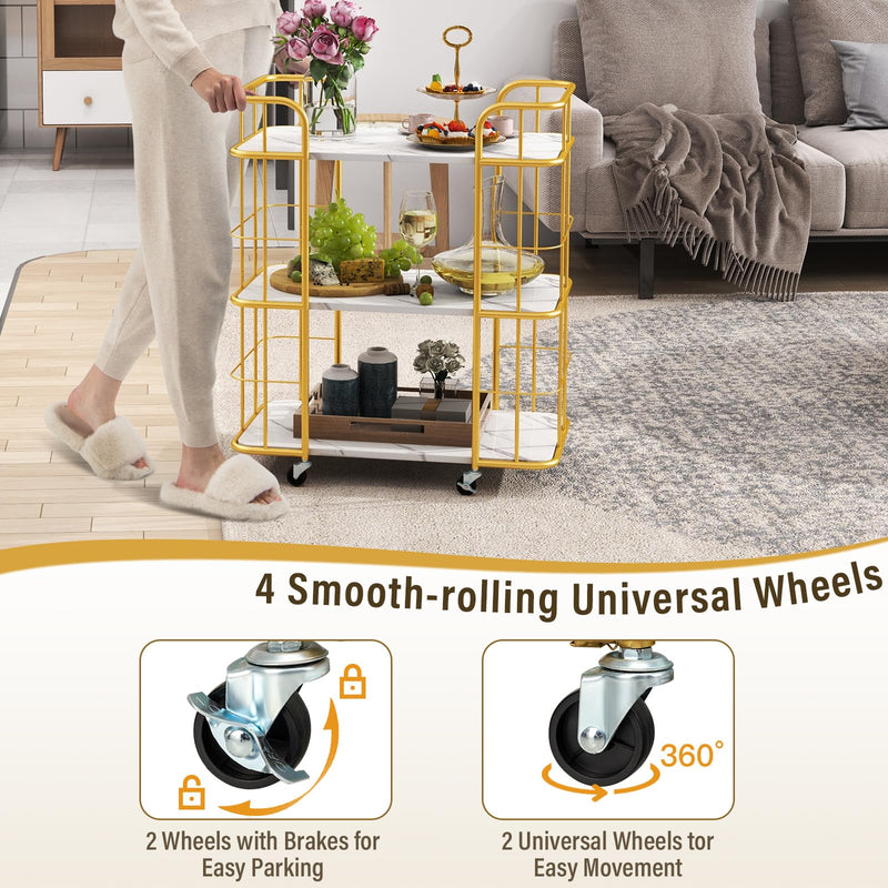 Gold Rolling Bar Cart 3-Tier Kitchen Utility Cart