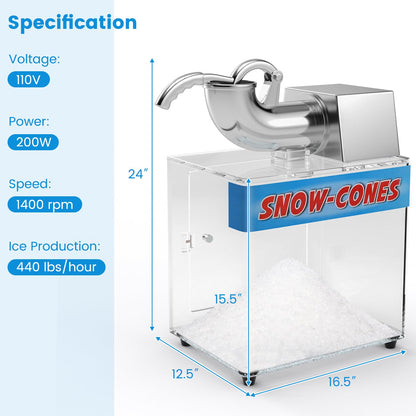Commercial Shaved Ice Machine, 440 Lbs/H Stainless Steel Ice Crusher with Safety On/Off Switch