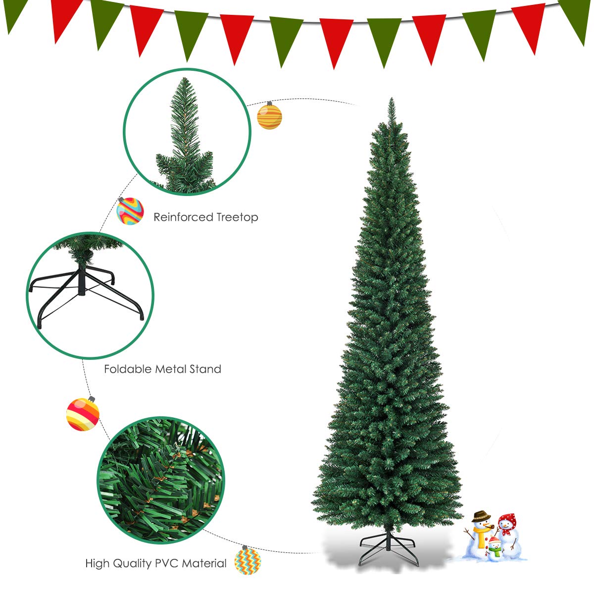 9FT Pencil Christmas Tree Slim Skinny Hinged Pine Tree with PVC Material