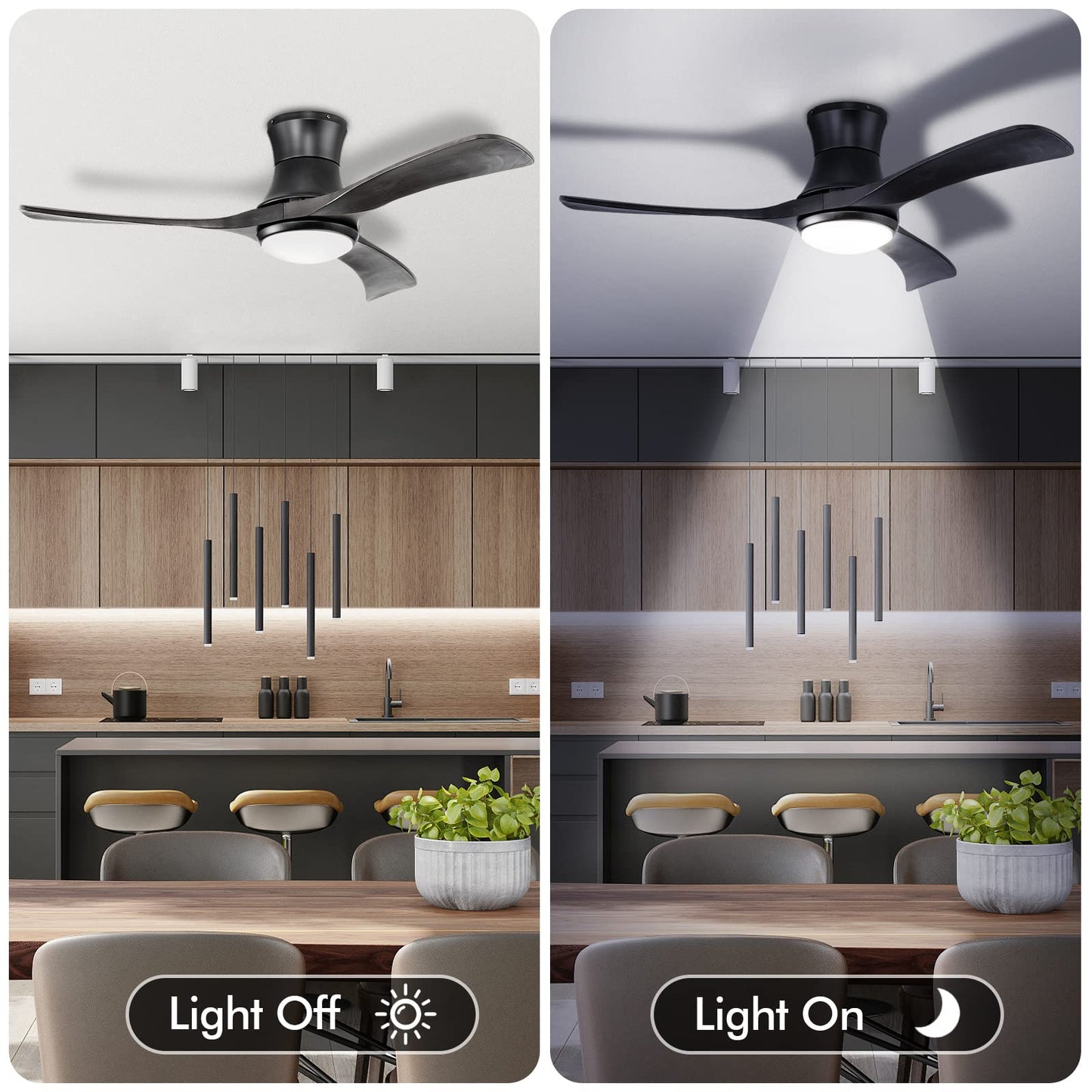 52 Inches Ceiling Fan with LED Light and Remote Control, Flush Mount Ceiling Fan with 6 Wind Speeds (Black)