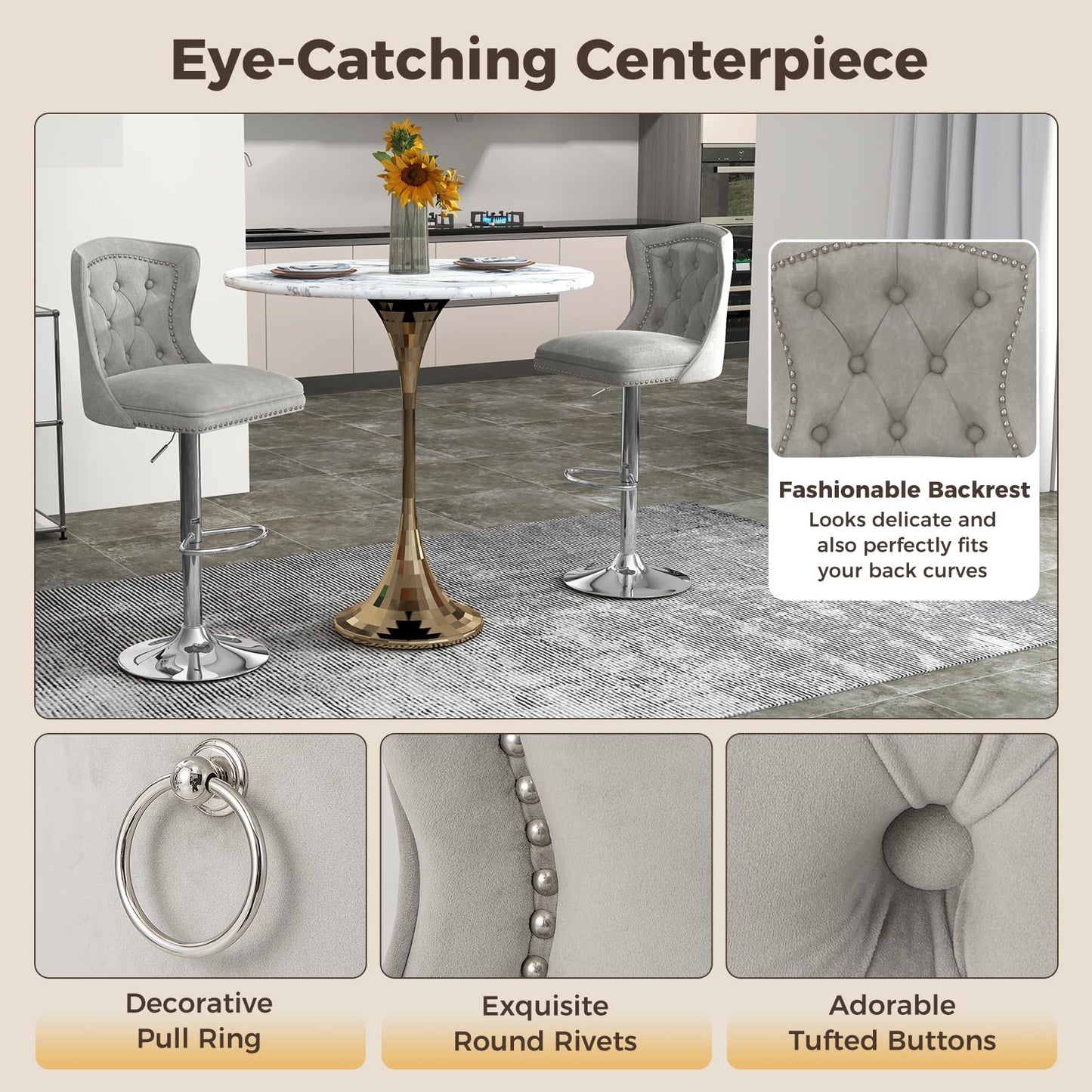 Adjustable Bar Stools Dutch Velvet Bar Chairs with Footrest