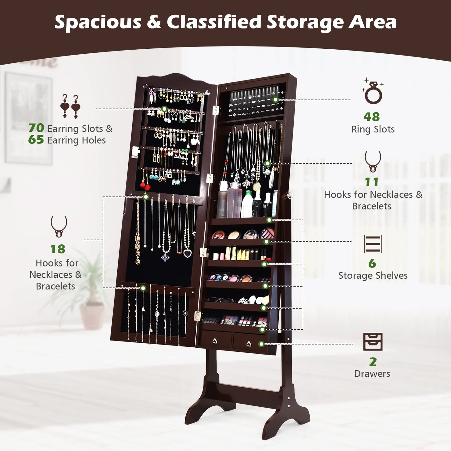 14 LED Jewelry Armoire Cabinet Freestanding Jewelry Storage Organizer