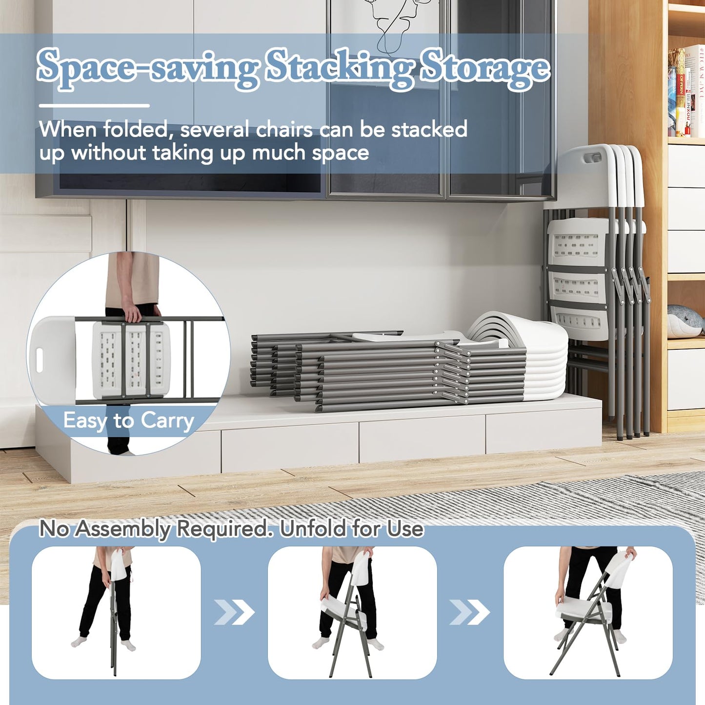 Stackable Plastic Folding Chairs w/Waterproof Seat 350 LBS Capacity Heavy-Duty Metal Frame