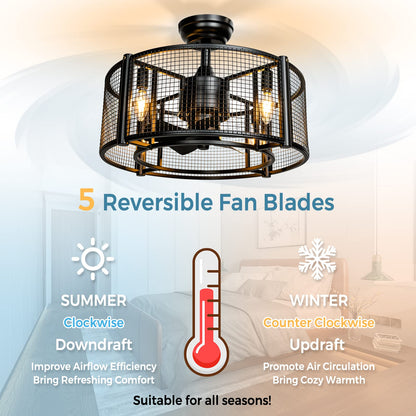 Caged Ceiling Fan with Light, 20 Inch Ceiling Fan Lights with Remote Control, Reversible Motor (No Bulb)