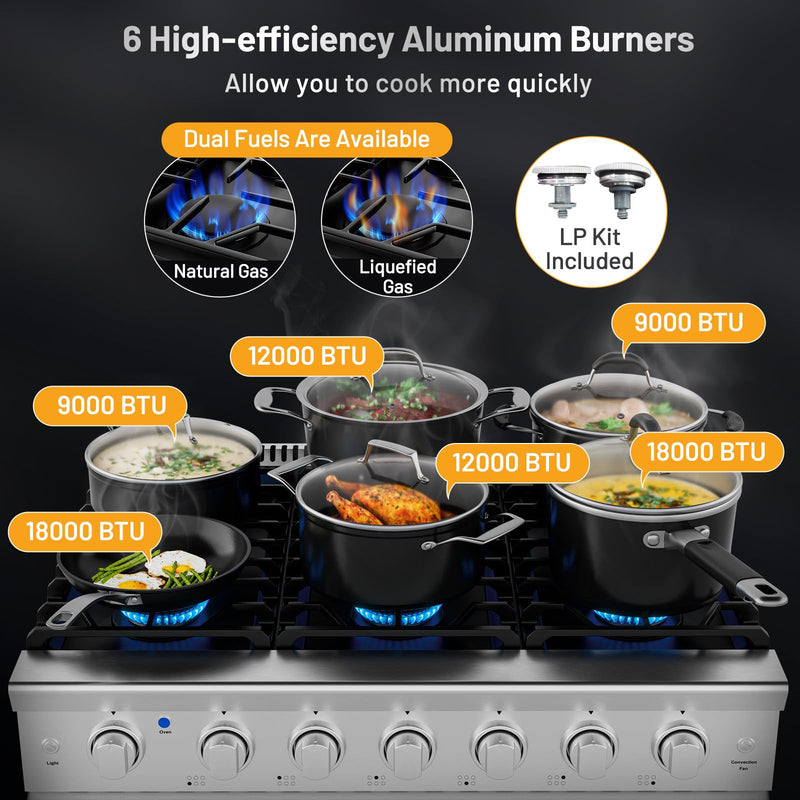 36 Inches Natural Gas Range, with 6 Burners Cooktop & 6 Cu.Ft. Convection Oven, Storage Drawer