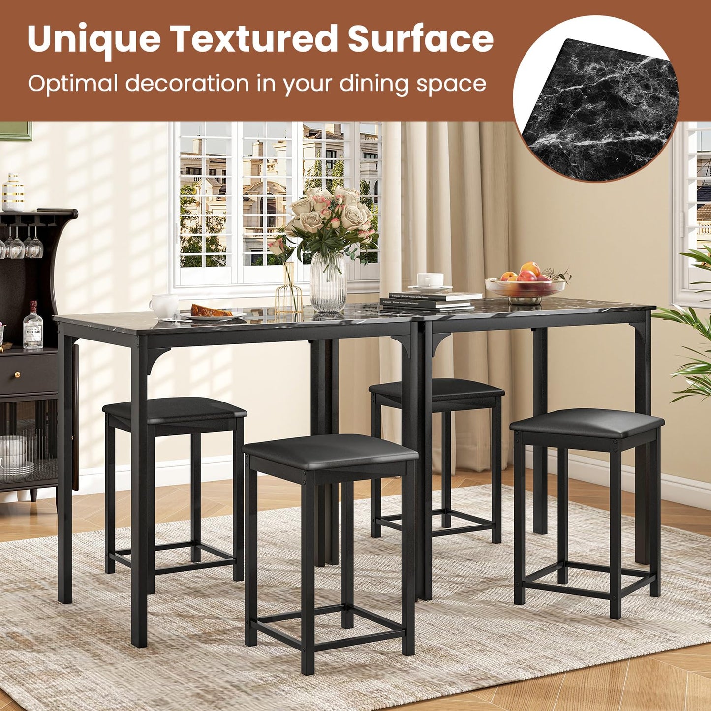 3-Piece Dining Table Set for 2 Bar Table with Counter Height Faux Marble Tabletop