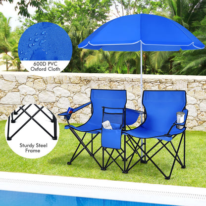 Portable Folding Picnic Double Chair W/Umbrella Table Cooler Beach Camping Chair
