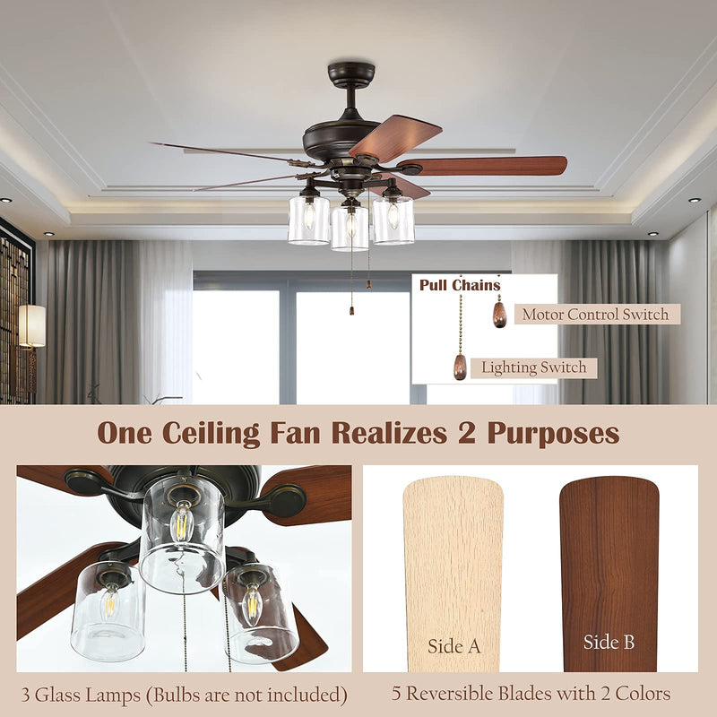 Ceiling Fan with Lights 52 Inch, Industrial Pull Chain Ceiling Fan with Lighting, Reversible Motor and 5 Blades