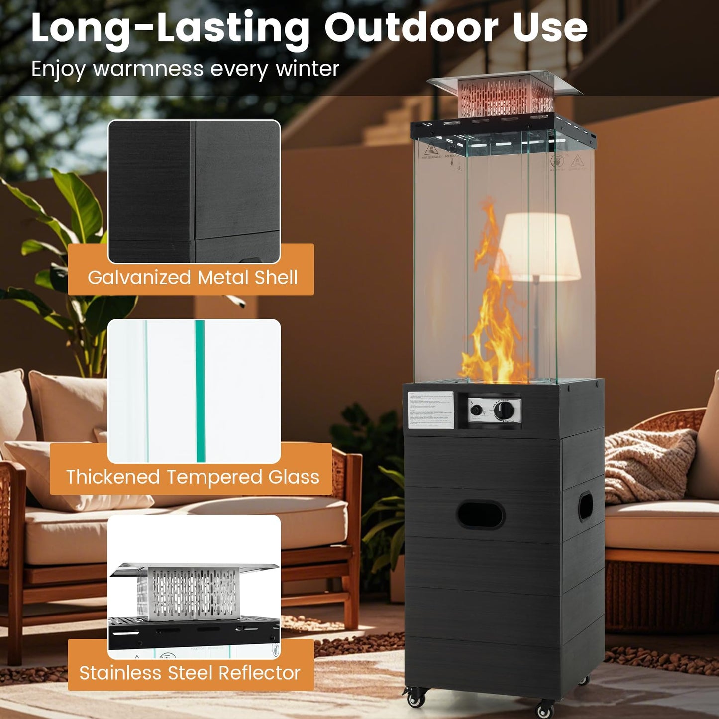 40,000 BTU Square Patio Propane Heater with Tempered Glass Tube