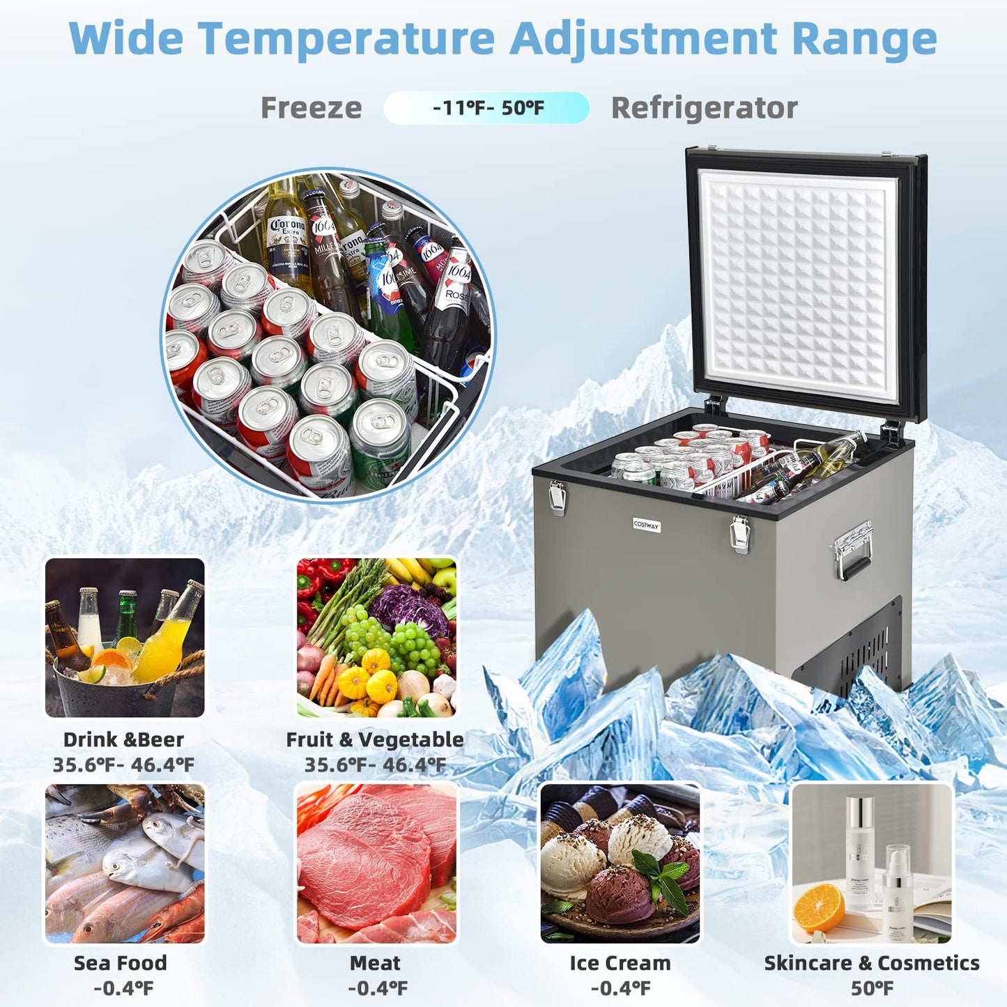 ARLIME 68-Quart Car Refrigerator Portable Chest Freezer(-11℉- 50℉) with 12V/24V DC & 110V/240V AC Adapter