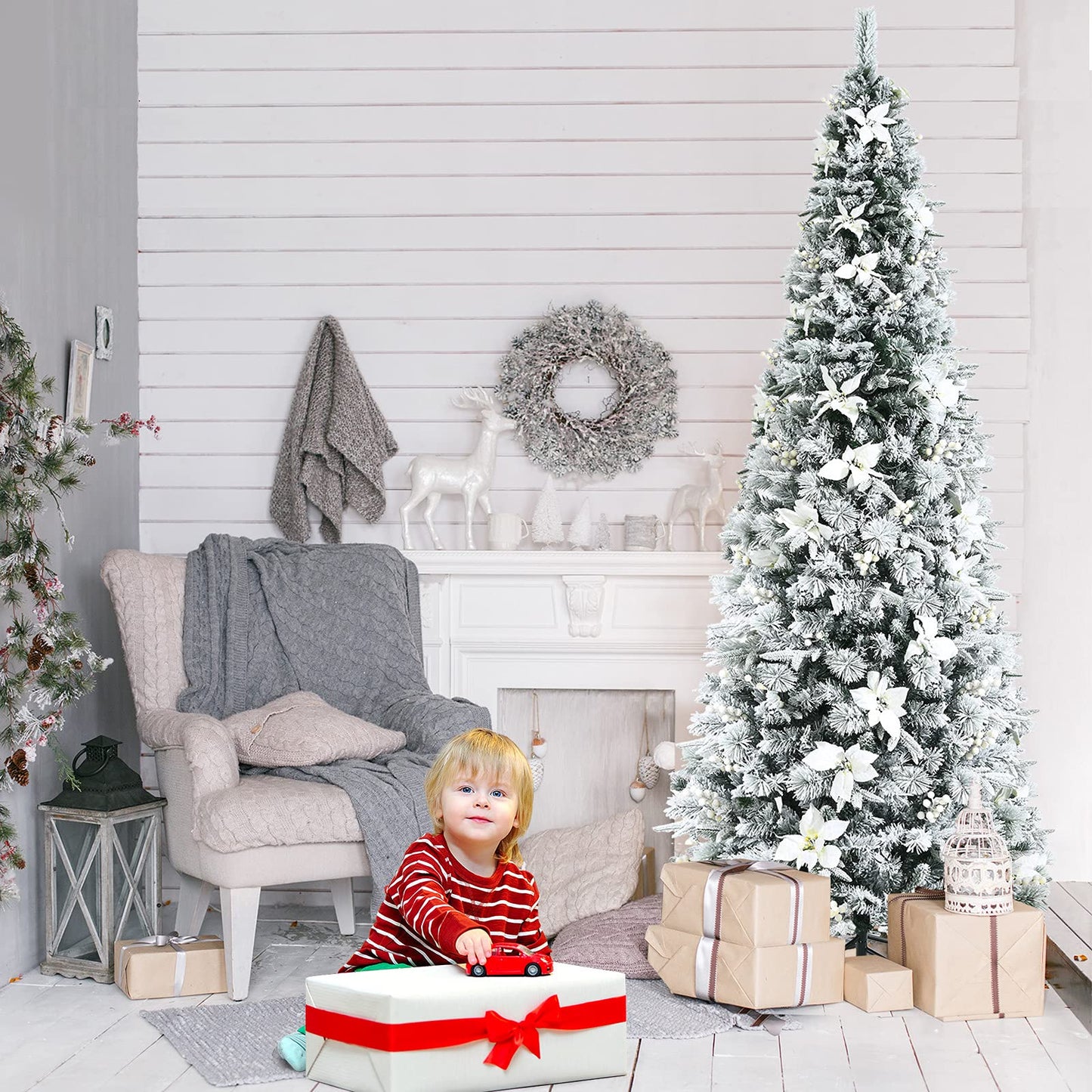 8 Ft Snow Flocked Artificial Christmas Tree w/ 807 Branch Tips