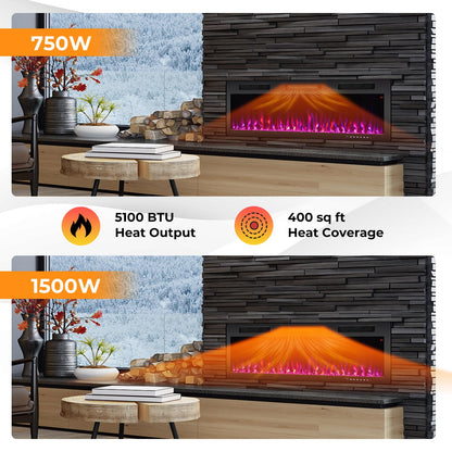 50 Inch Electric Fireplace Recessed and Wall Mounted, 750W/1500W Electric Fireplace Heater with Remote