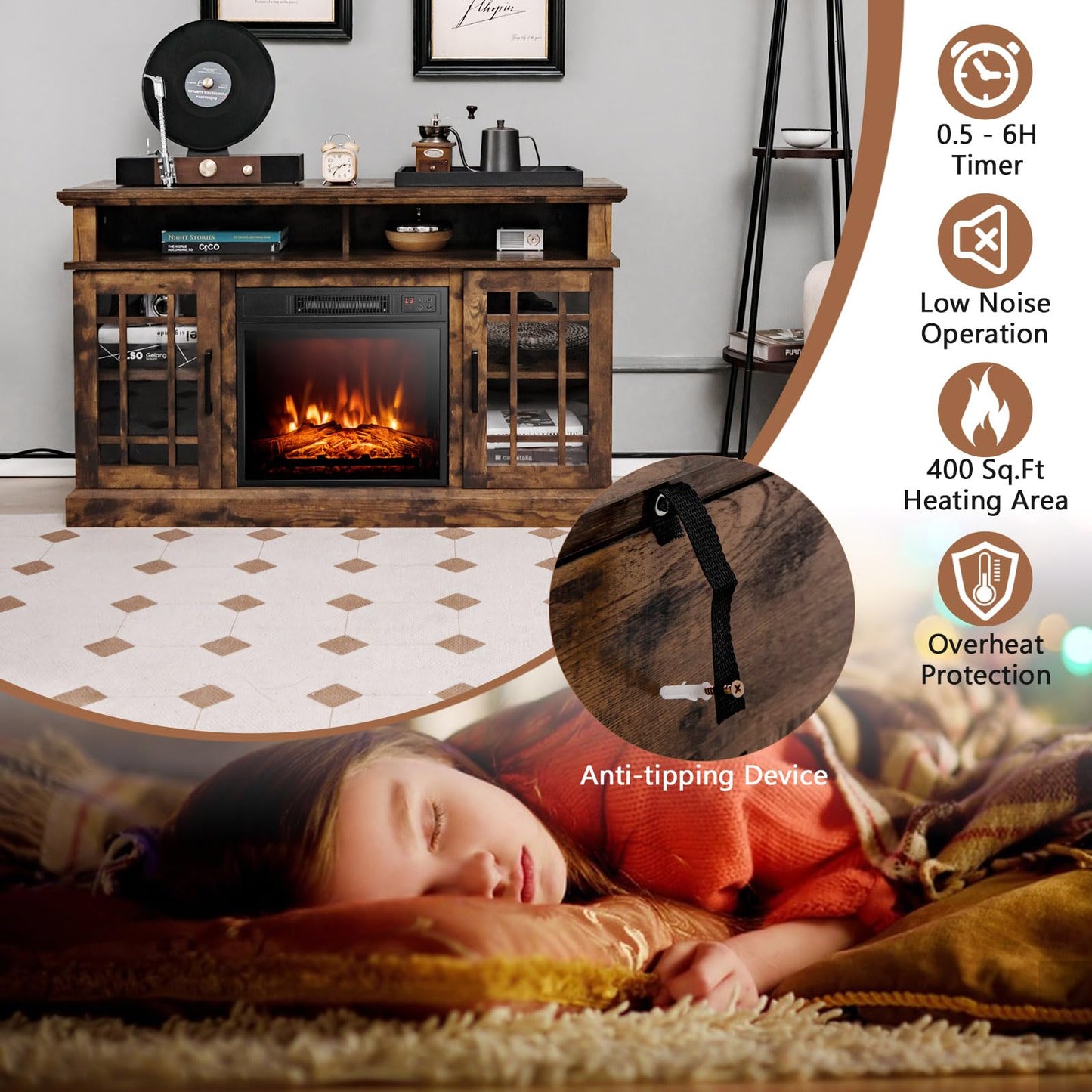 Electric Fireplace TV Stand for TVs Up to 55 Inches, 18-Inch Fireplace Insert with Remote, Overheat Protection