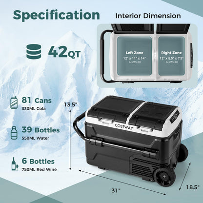 Car Refrigerator with Wheels, 42-Quart Dual-zone Dual-temperature Electric Cooler, 12V/24V DC, 100-240V AC