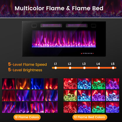 Ultra Thin Electric Fireplace 42 inch Wide with 12 Flame and Flame Bed Color
