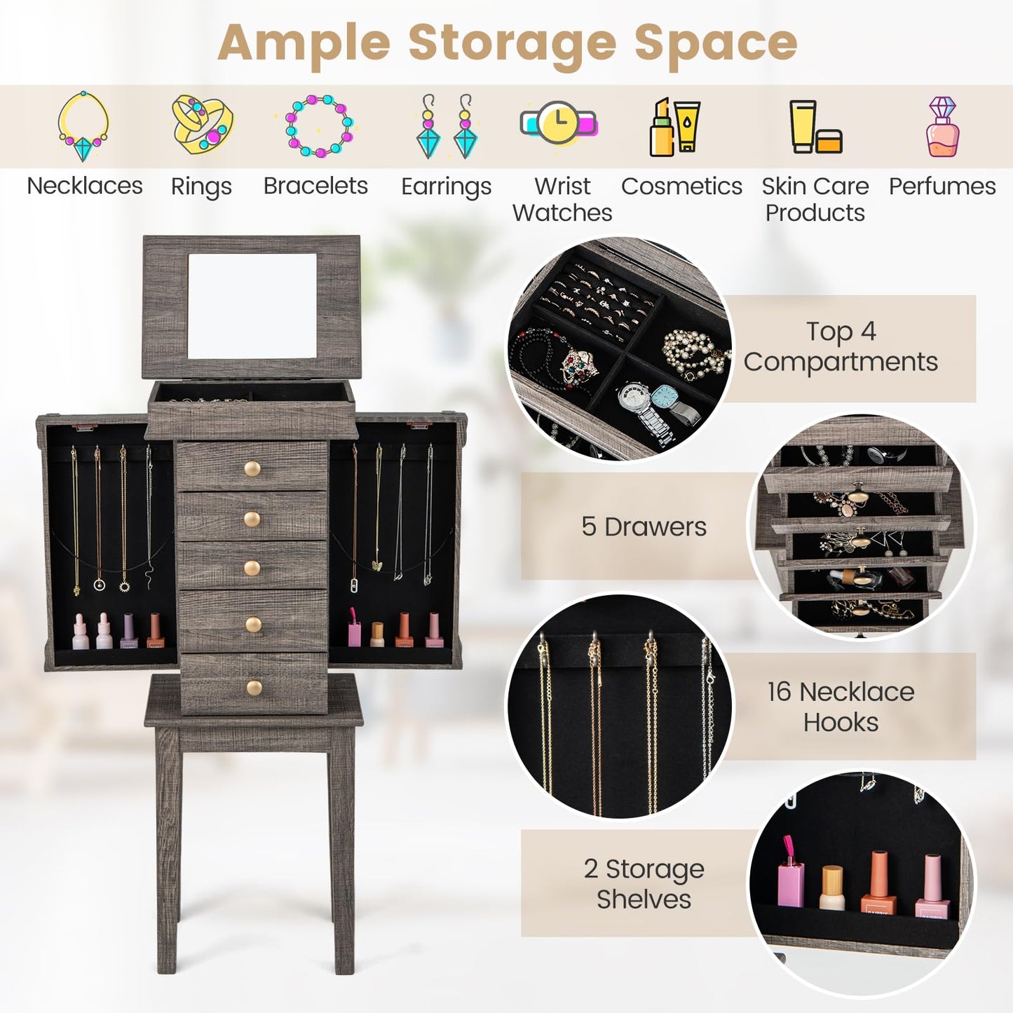 Wooden Jewelry Storage Chest with 5 Drawers for Women