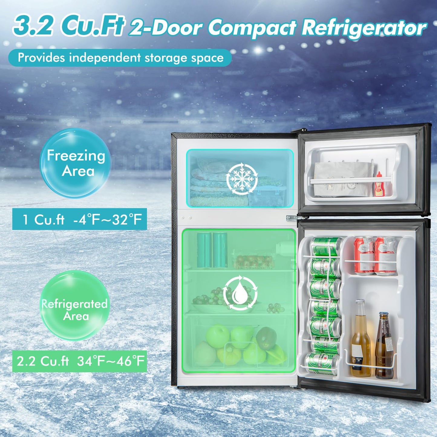 Compact Refrigerator, 3.2 Cu.Ft. Fridge Freezer Compartment with Reversible 2 Door, Adjustable Thermostat