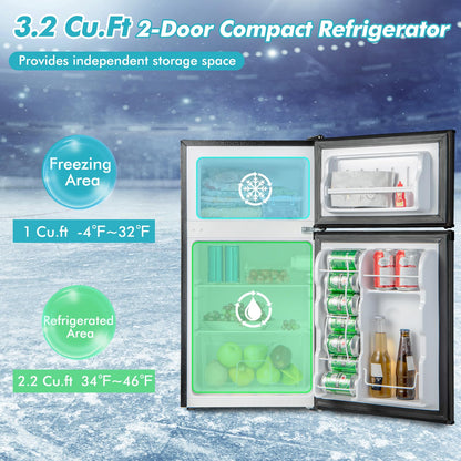 Compact Refrigerator, 3.2 Cu.Ft. Fridge Freezer Compartment with Reversible 2 Door, Adjustable Thermostat