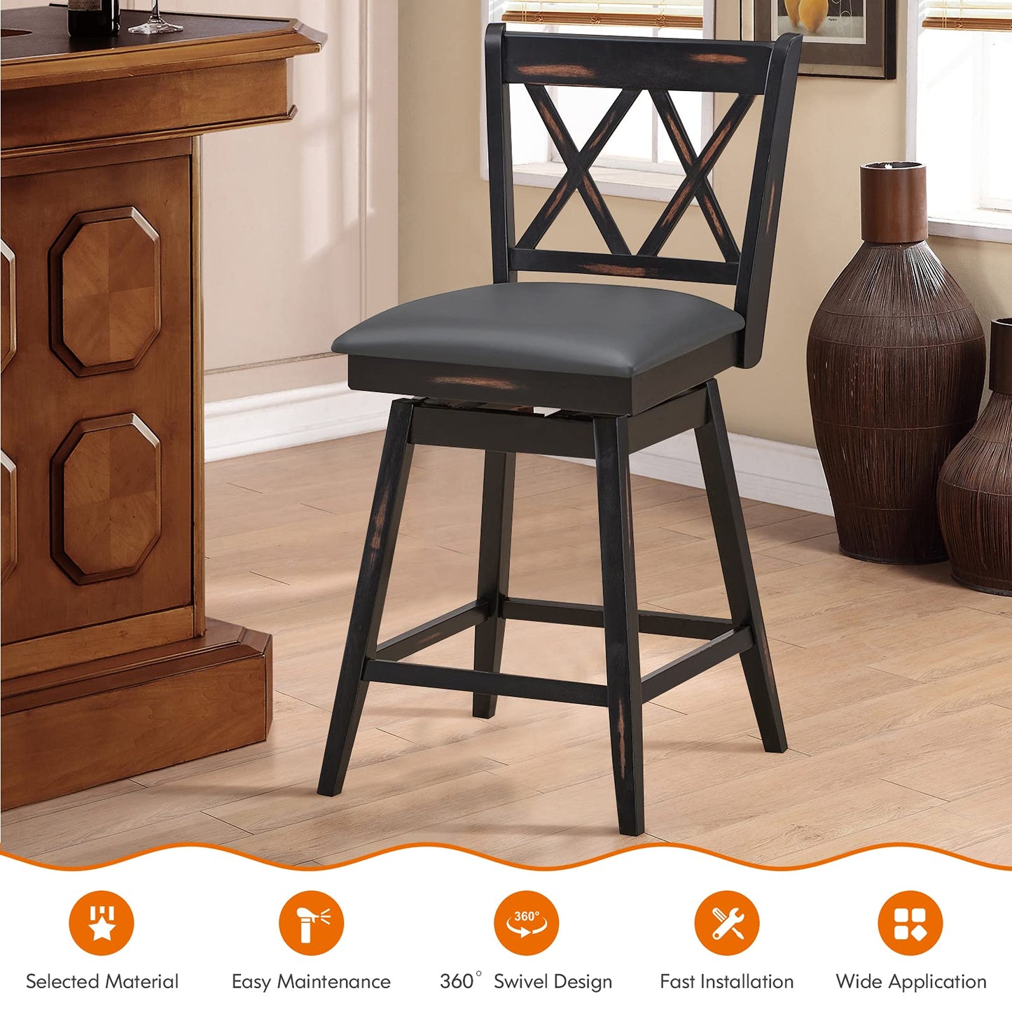 360 ° Swivel Counter Height 25 inch Bar Stool with Foot Rest Upholstered Cushion & Ergonomic Backrest