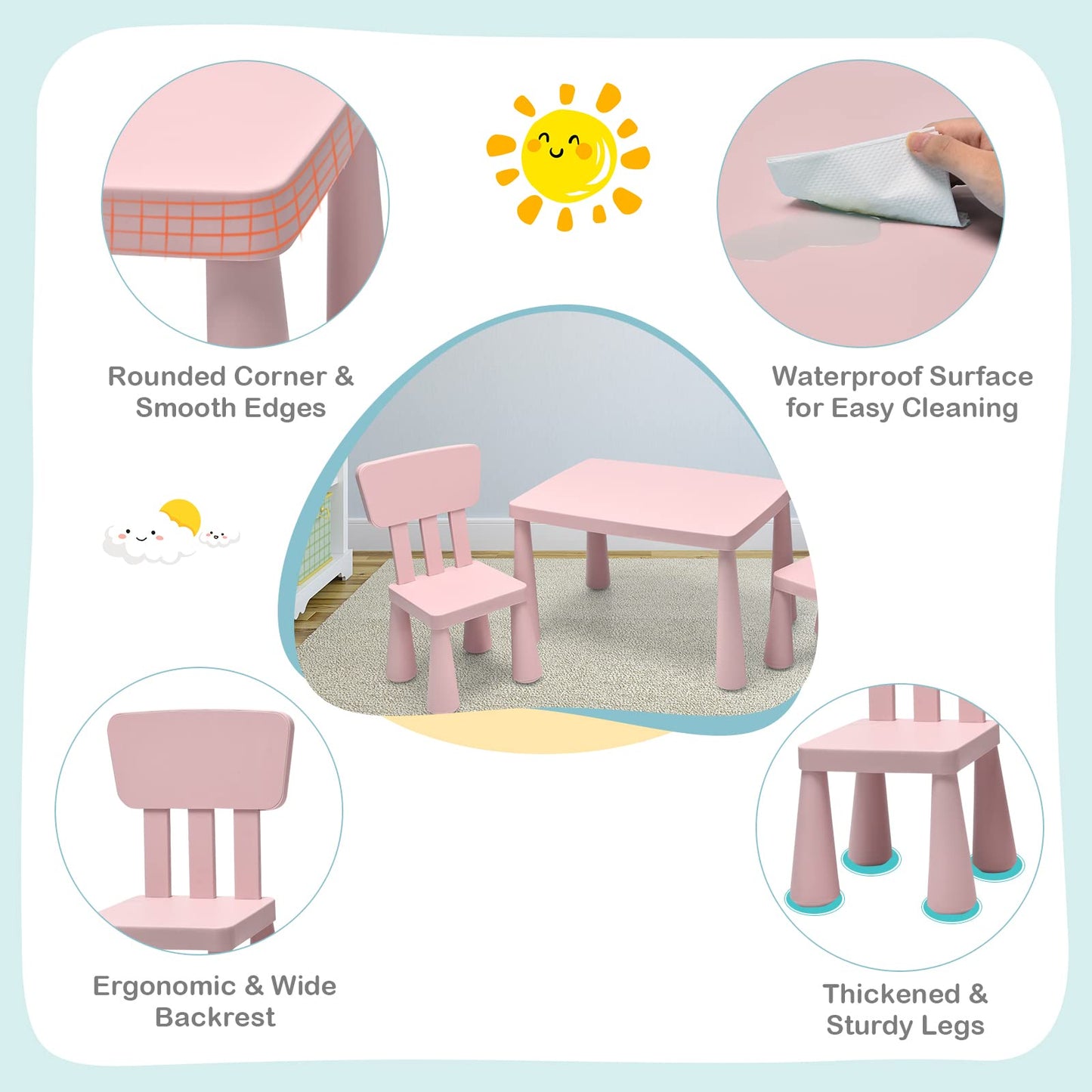 3 Piece Kids Table and Chairs Set for Ages 1-7