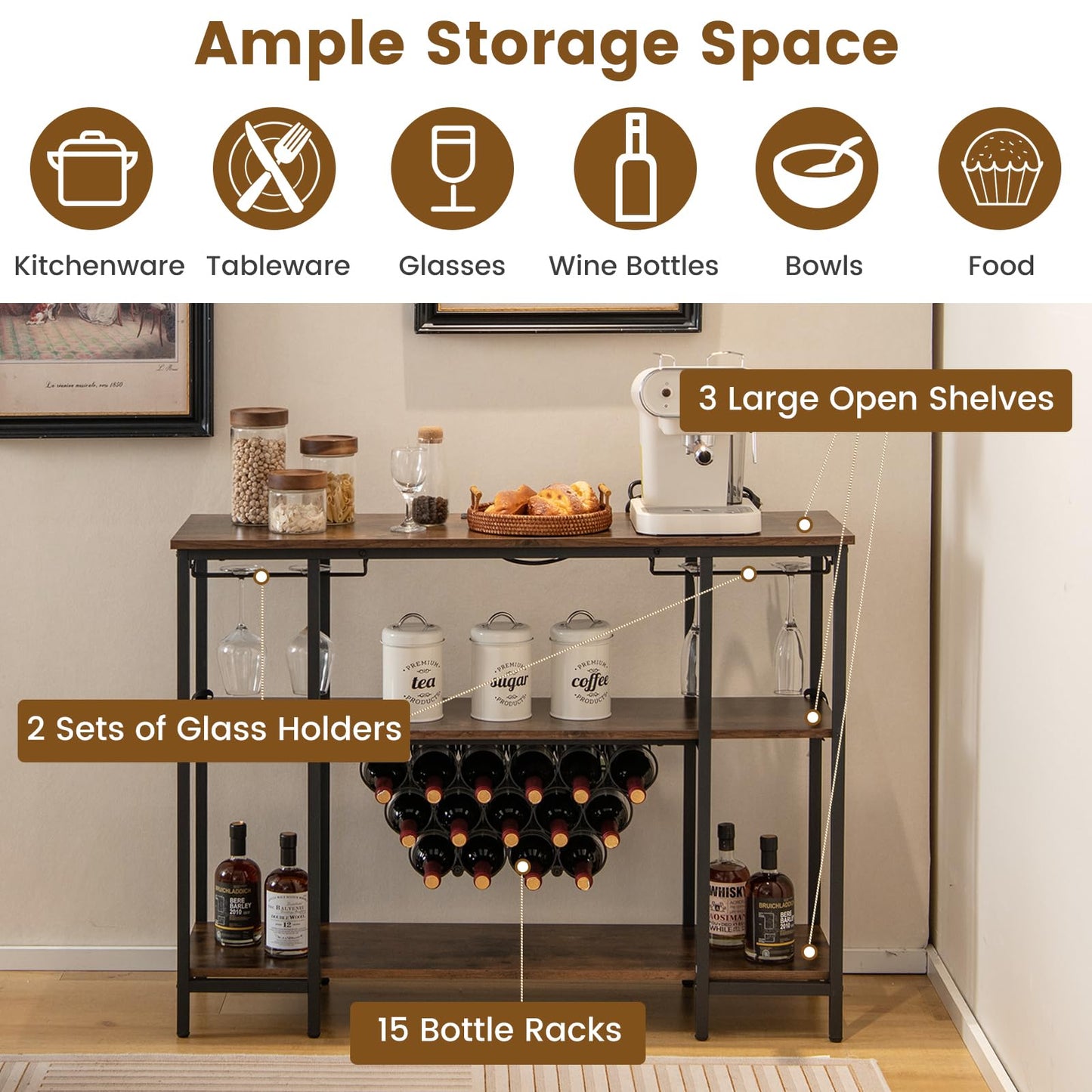 Wine Bar Cabinet 3-Tier Home Mini Bar for Liquor w/Power Outlets