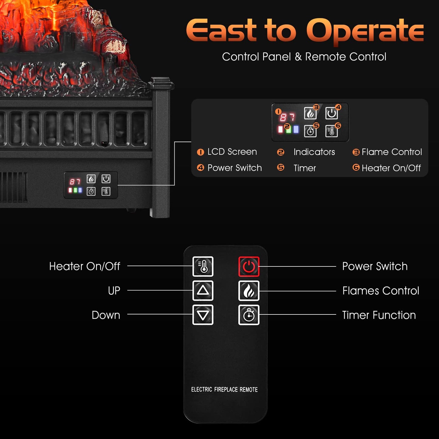 ARLIME 23" Electric Fireplace Log Set Heater, Portable Realistic Ember Bed Fireplace Insert w/Adjustable Flame Brightness & Temperature