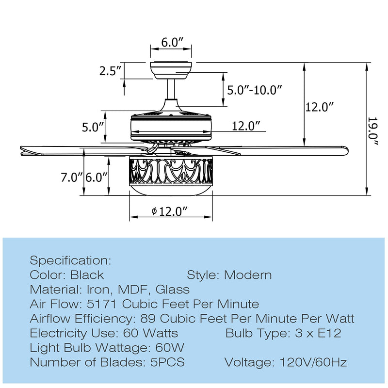 52” Ceiling Fan w/Lights & Remote Control, Lighting Fan w/5 Reversible Blades, 3 Wind Speed