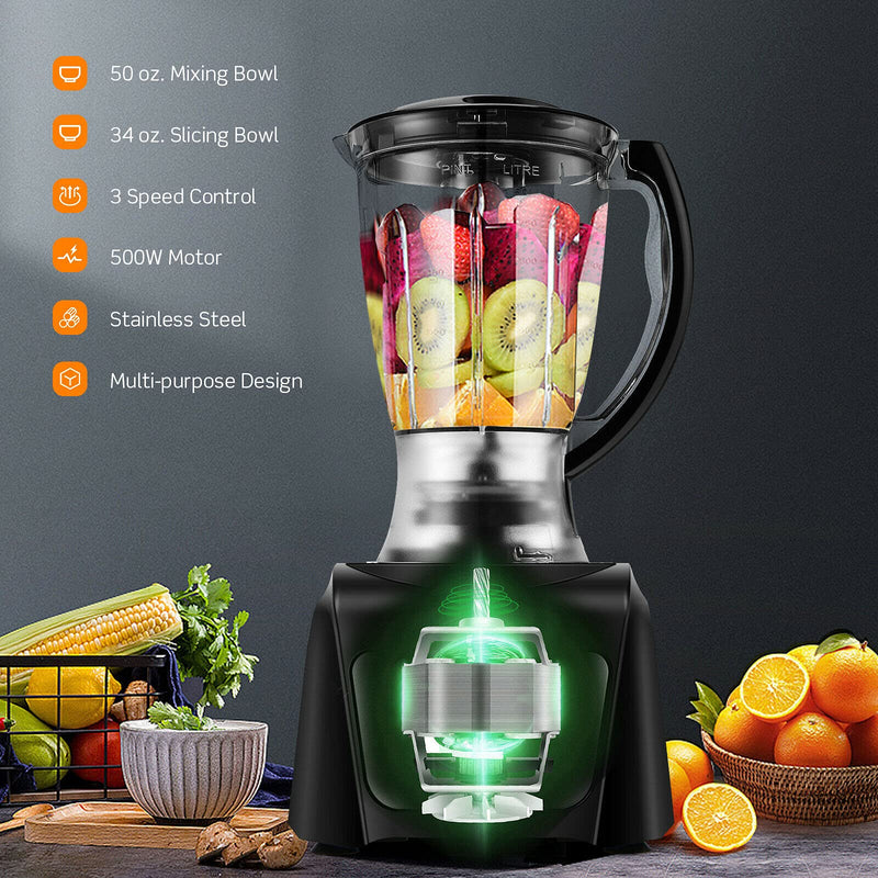 Food Processor & Blender, 500W Professional Food Chopper with 3 Blades, 3-Speed Adjustment