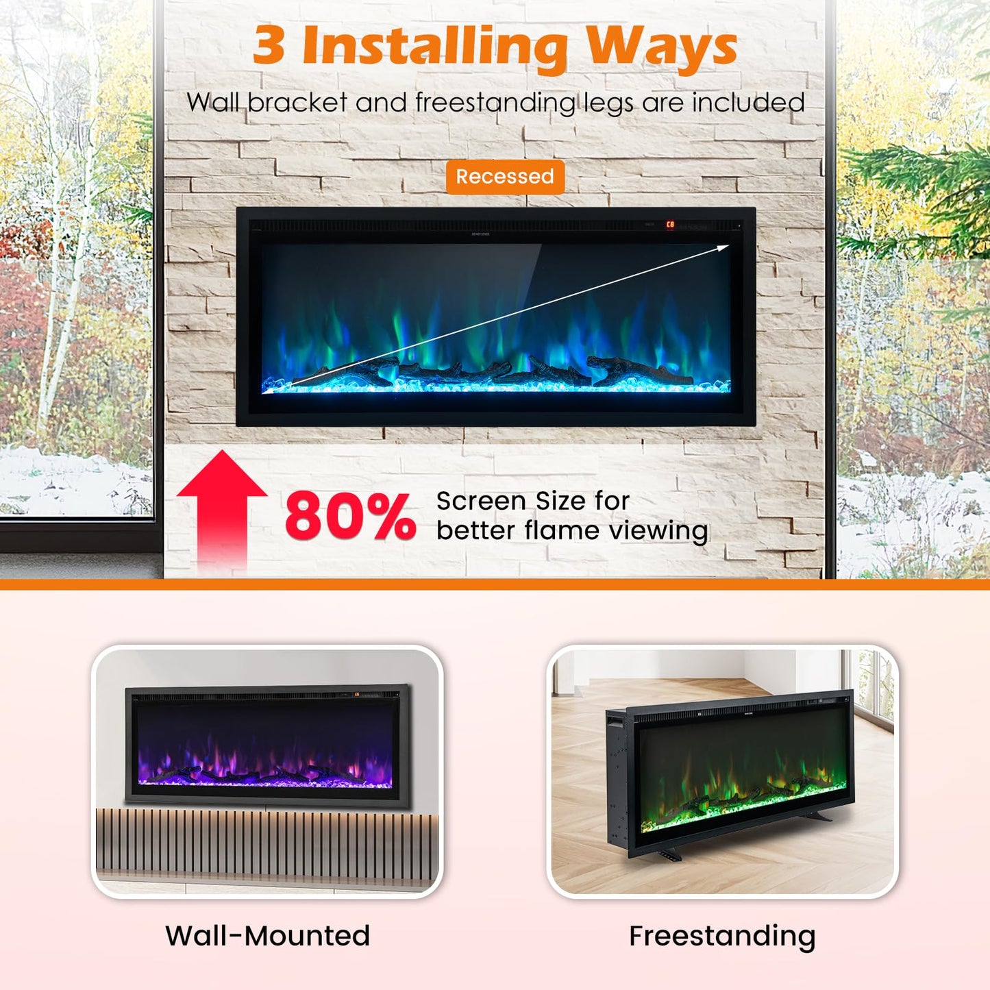 Electric Fireplace 42-Inch Wide, 9 Flame Color, 5-Level Brightness, 8H Timer, Thermostat