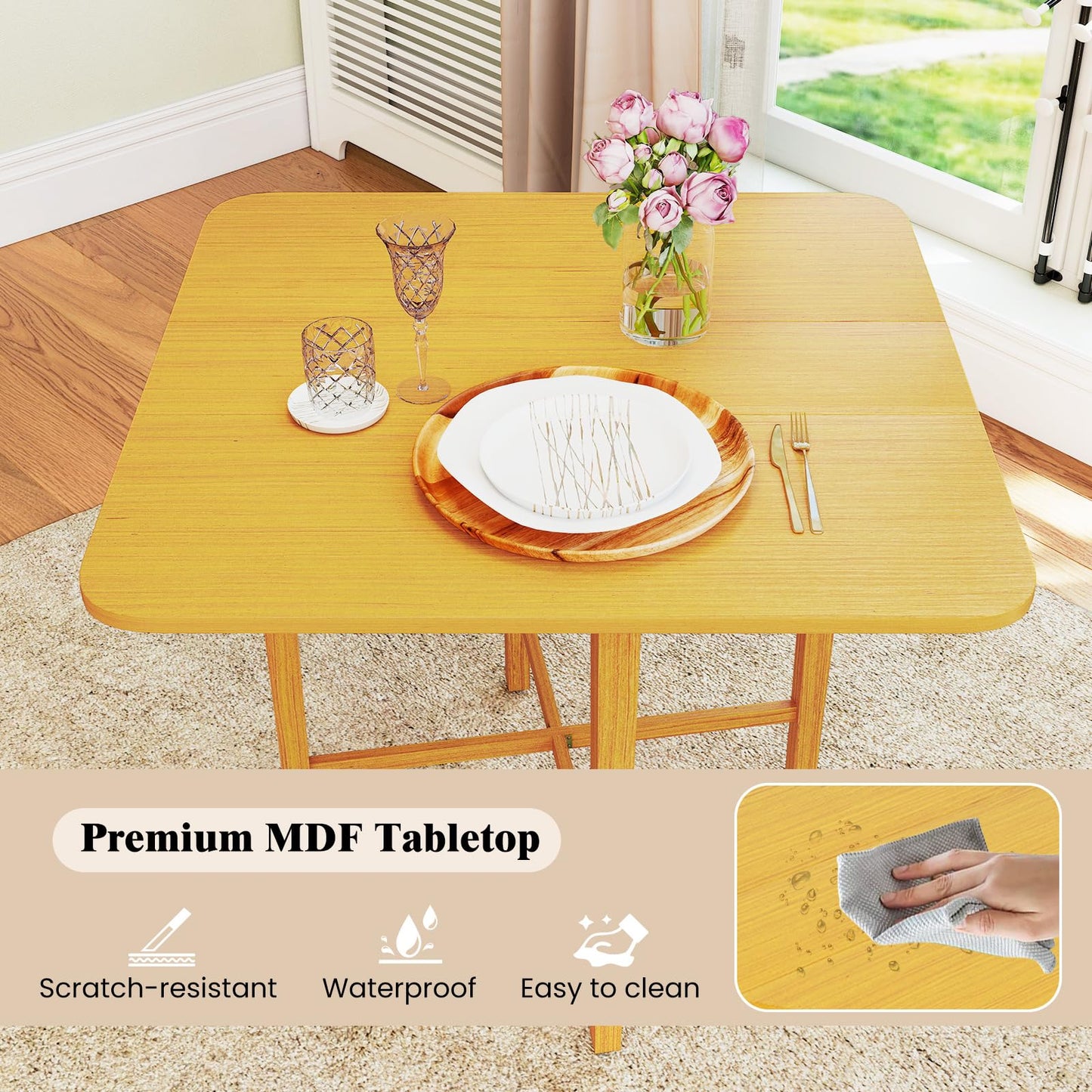 36" Compact Folding Kitchen Table for 2-4 People with Solid Rubber Wood Legs