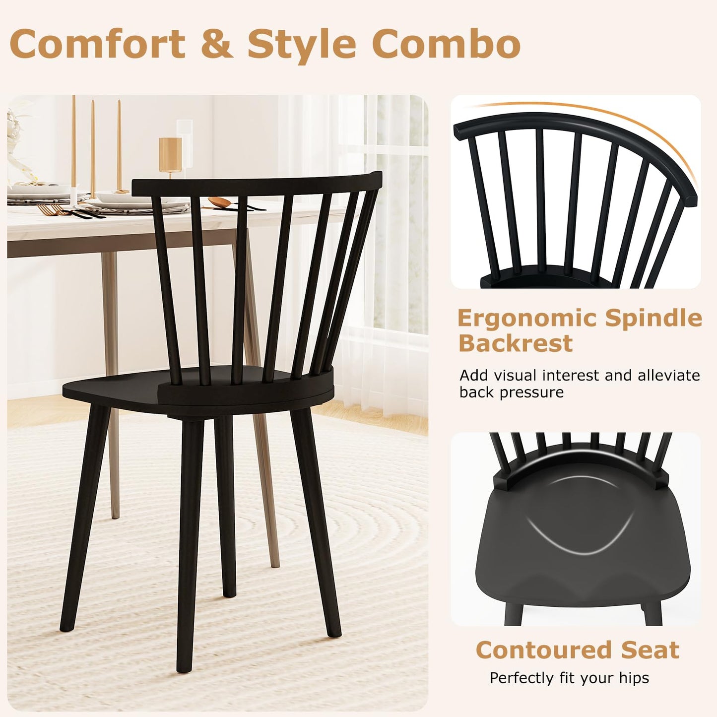Windsor Dining Chairs Set of 2/4 with Spindle Back and Contoured Seat for Home