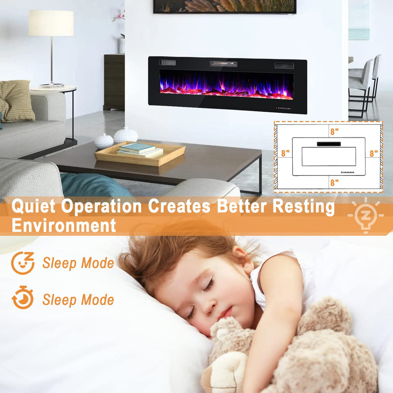 ARLIME 60 Inches Ultra-Thin Electric Fireplace 750W/1500W Recessed & Wall Mounted
