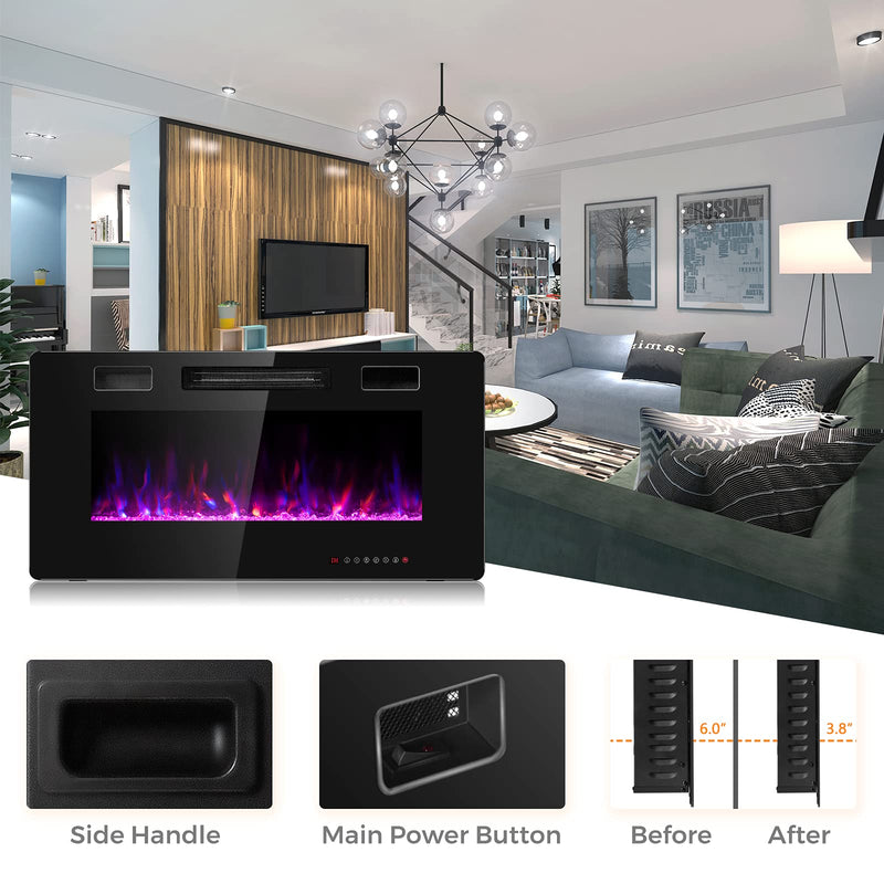 36-Inch Electric Fireplace Insert 750W/1500W Wall Recessed and Mounted Fireplace