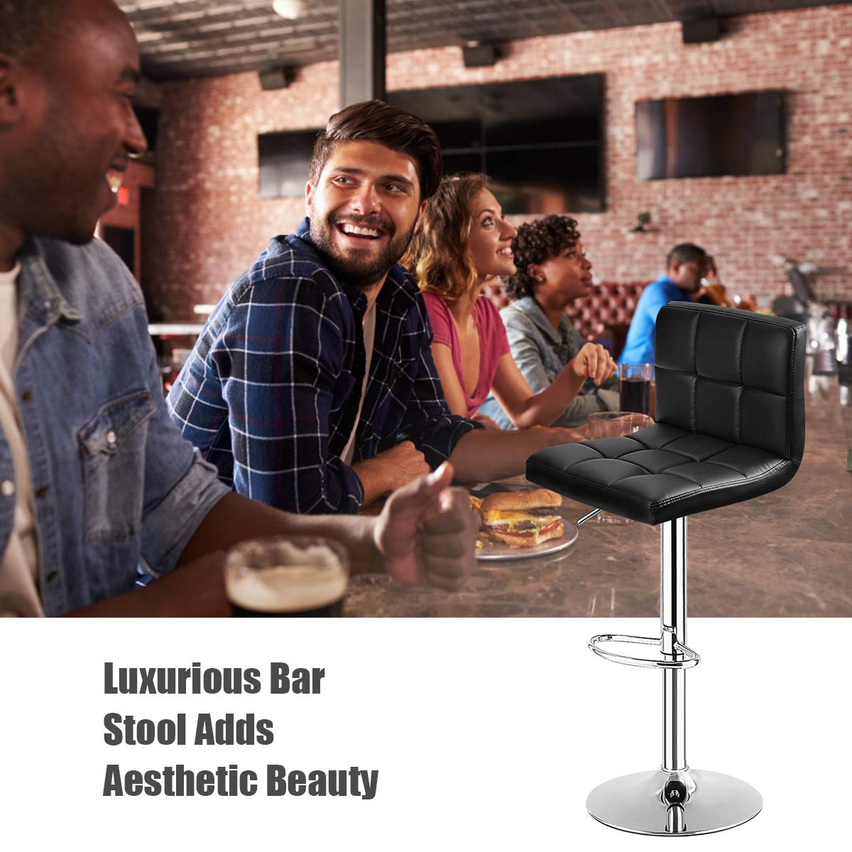 Modern Swivel Adjustable Height PU Leather Barstools with Back