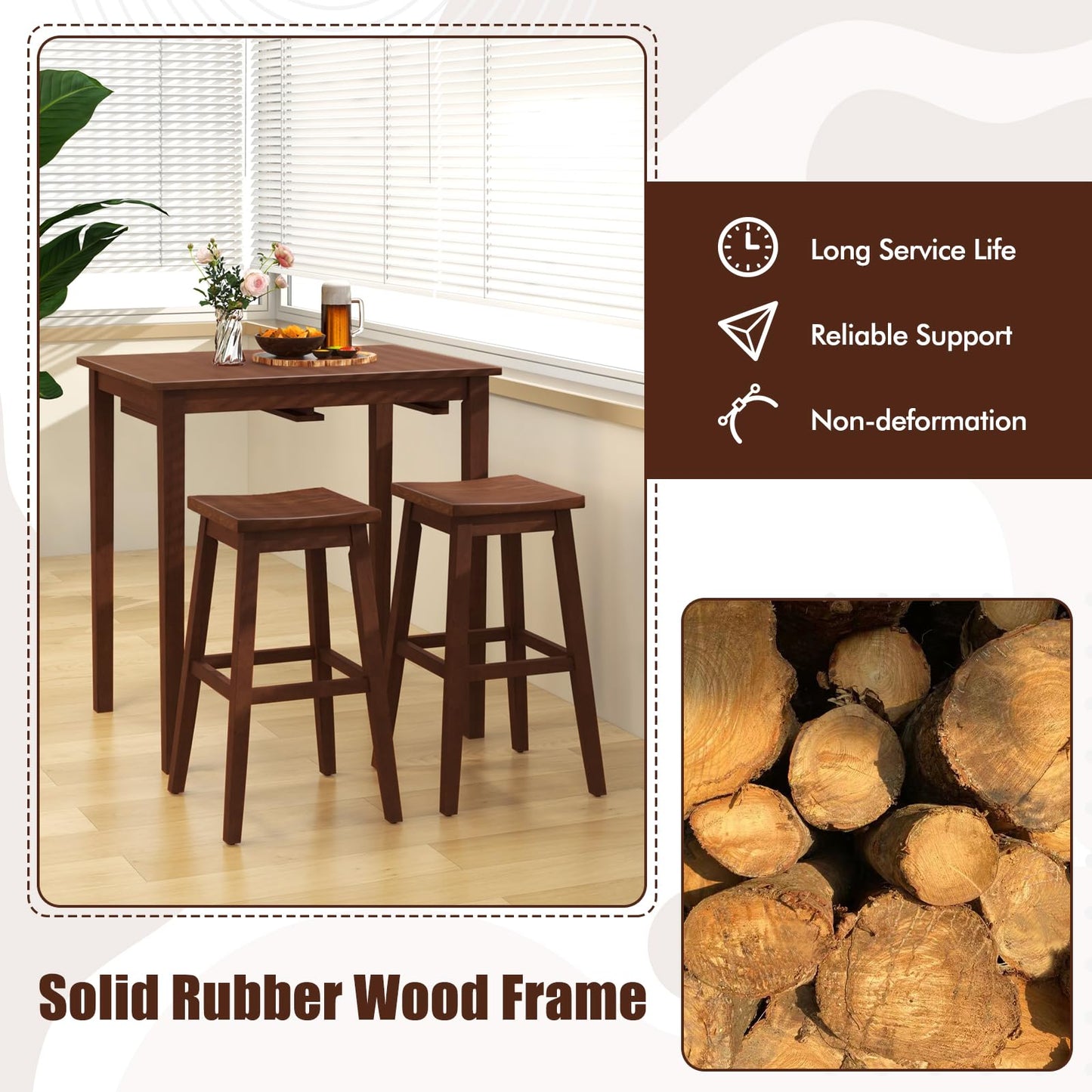 Wooden Bistro Set w/Pub Table and 2 Saddle Stools