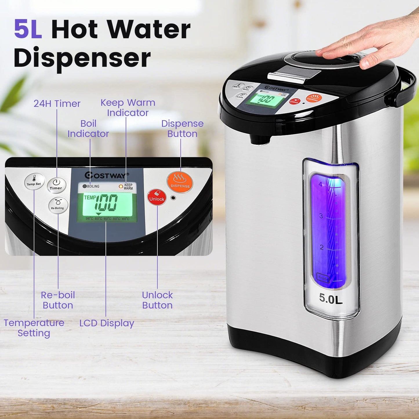 Instant Electric Hot Water Boiler and Warmer, 5-Liter LCD Water Pot with 5 Stage Temperature Settings