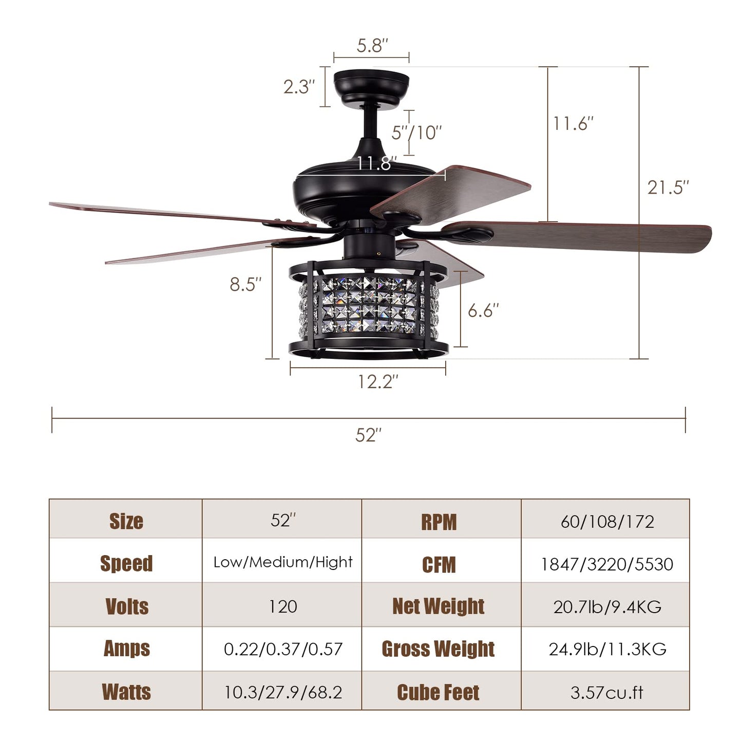 52-Inch Ceiling Fan Light, Crystal Ceiling Fan with Lights & Remote Control (Matte Black)