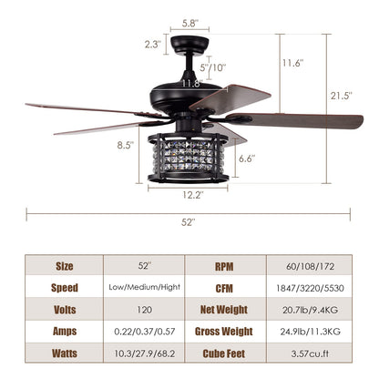 52-Inch Ceiling Fan Light, Crystal Ceiling Fan with Lights & Remote Control (Matte Black)