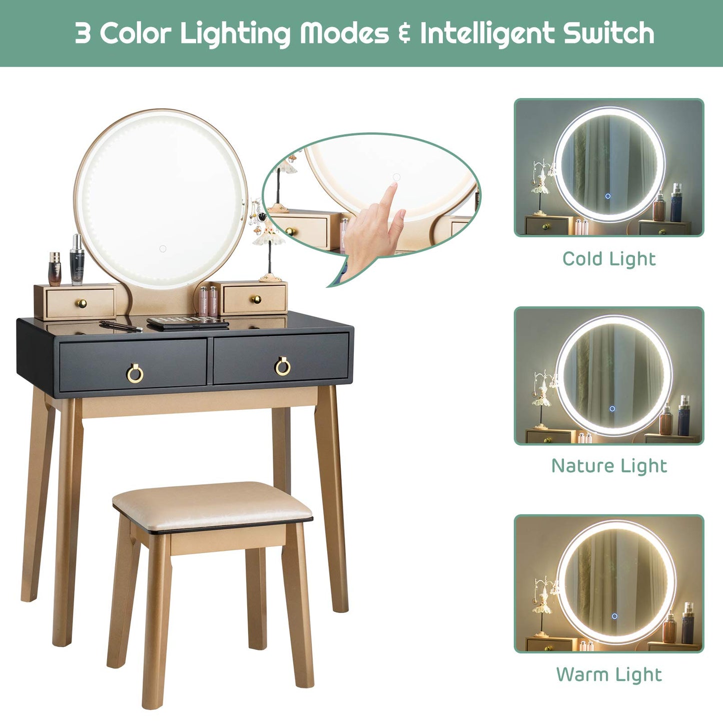 Vanity Table Set with LED Lighted Mirror for Women