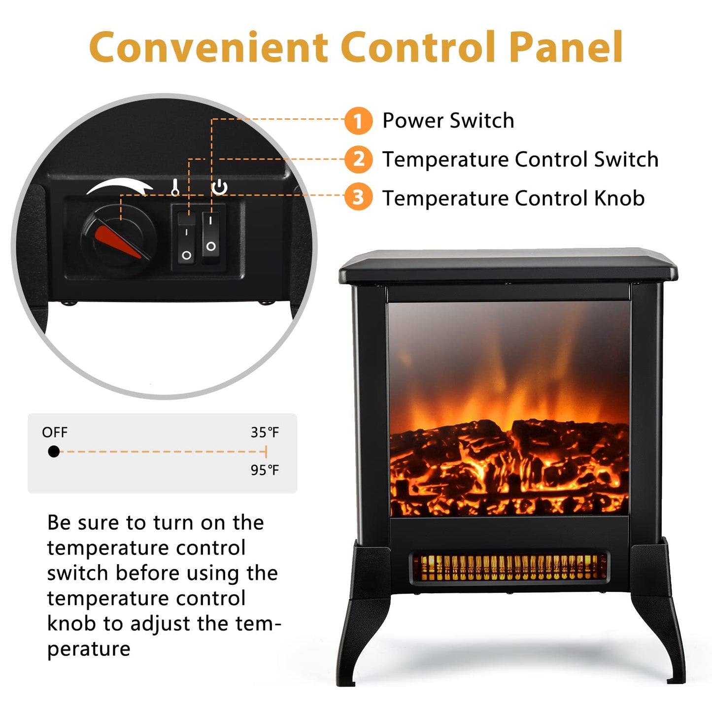 Electric Fireplace Heater Freestanding, 1400W Compact Fireplace Stove w/Realistic Flame Effect