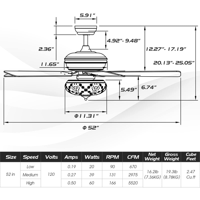 52-Inch Ceiling Fan with Remote Control, Crystal Ceiling Fan with 3 Wind Speeds and 5 Reversible Blades
