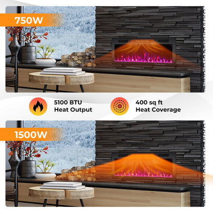 40 Inch Electric Fireplace Recessed and Wall Mounted, 750W/1500W Electric Fireplace Heater with Remote