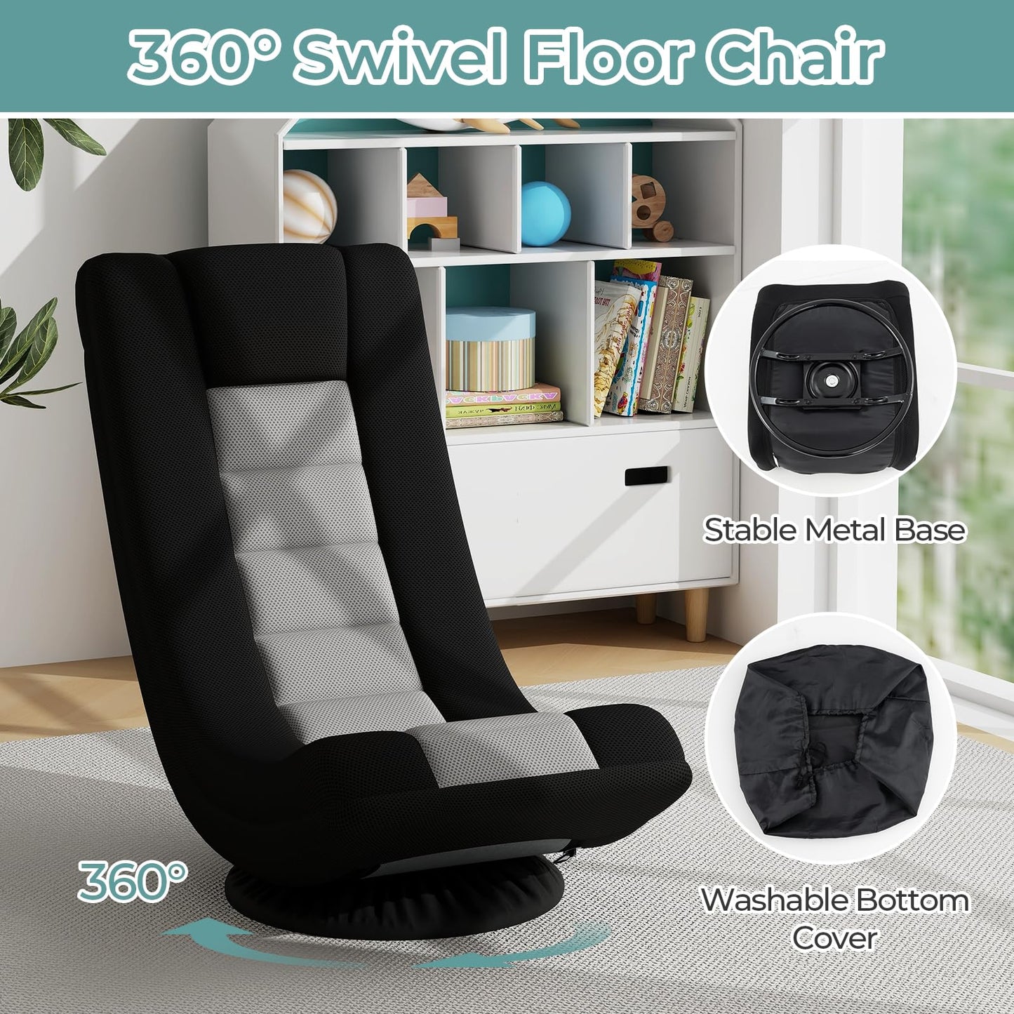 360° Swivel Floor Gaming Chair with 4 Position Adjustable Backrest & Neck Pillow