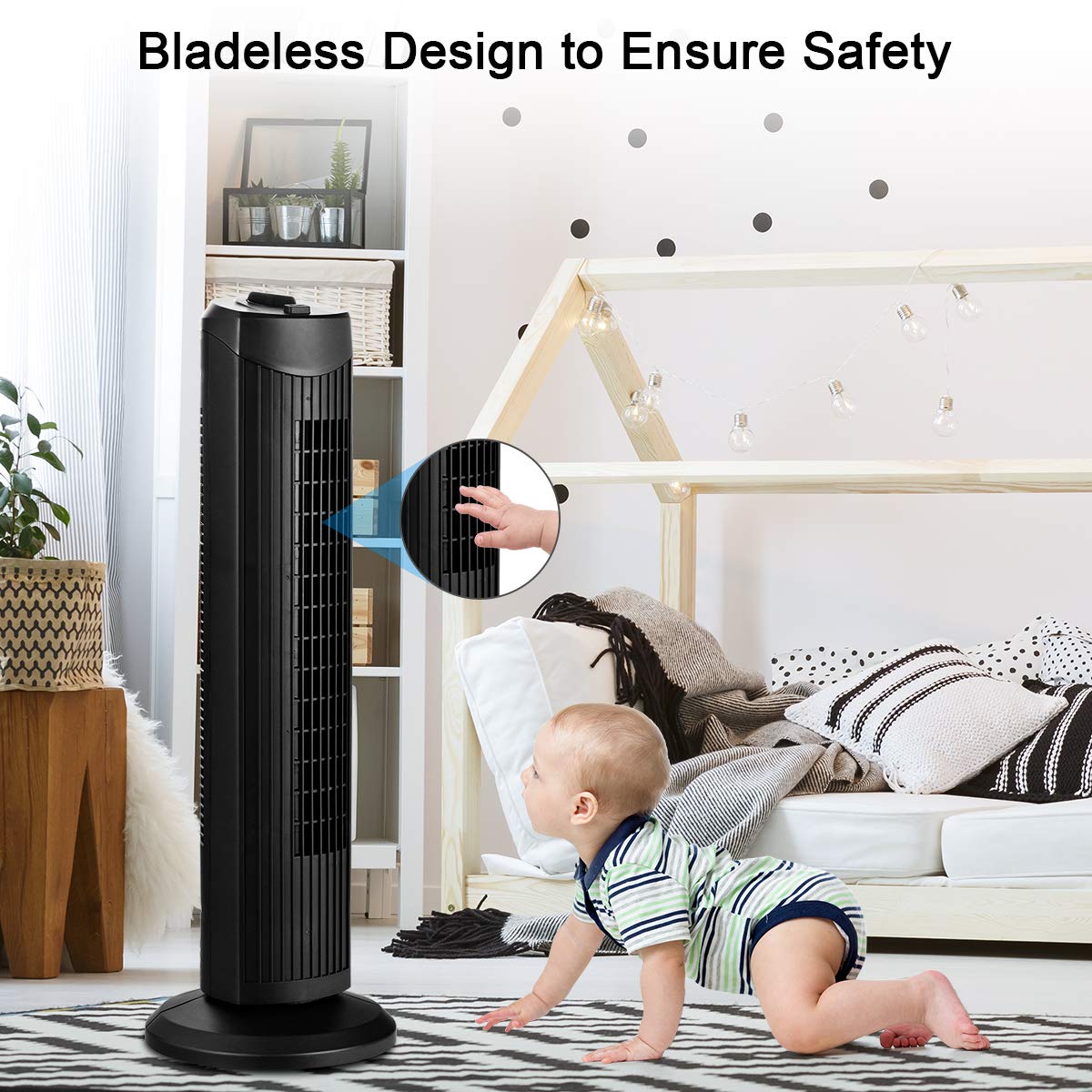 28-Inch Oscillating Tower Fan Quiet Cooling Whole Room Bladeless