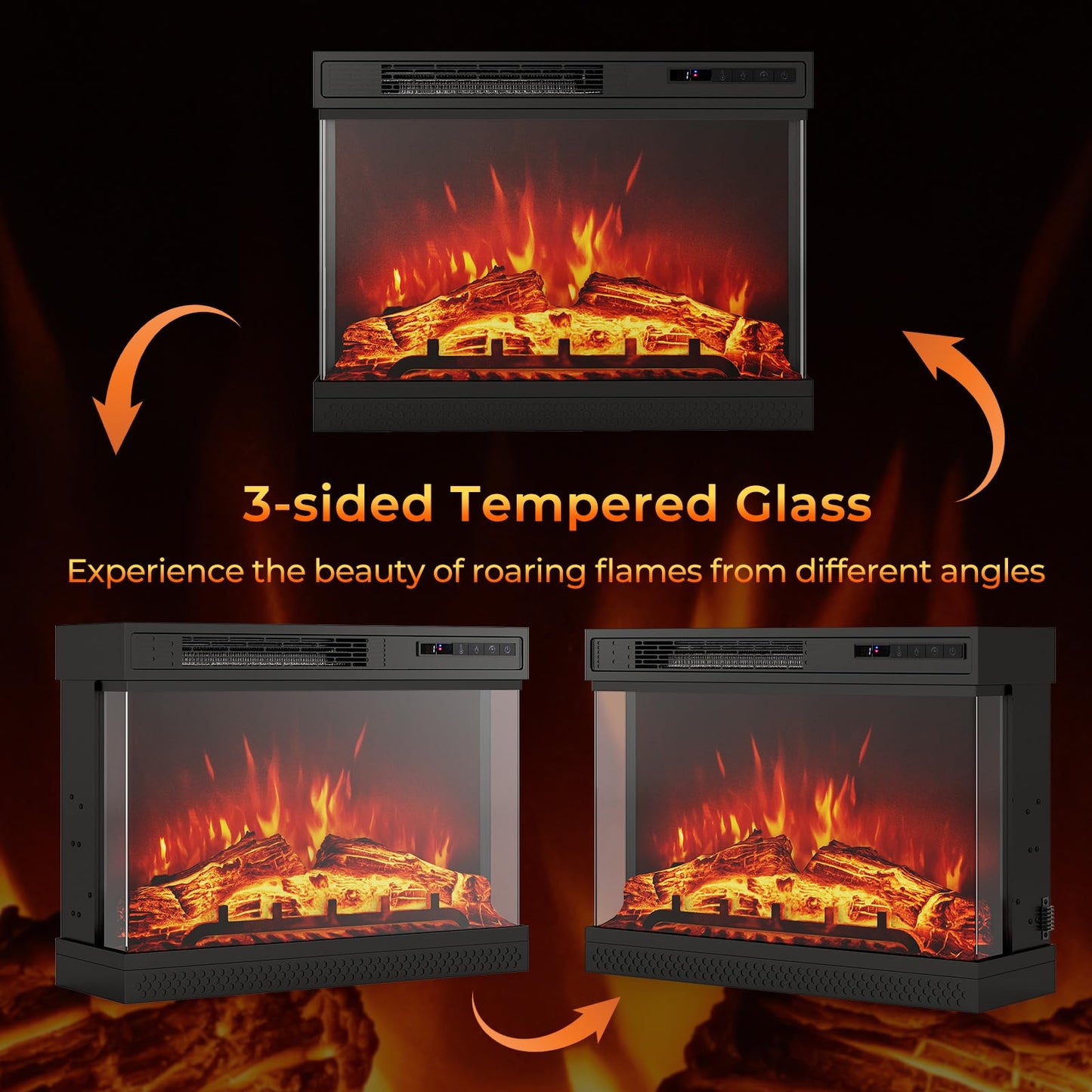 24 Inches 3-Sided Glass Electric Fireplace 750W/1500W Fireplace Heater with Remote Control