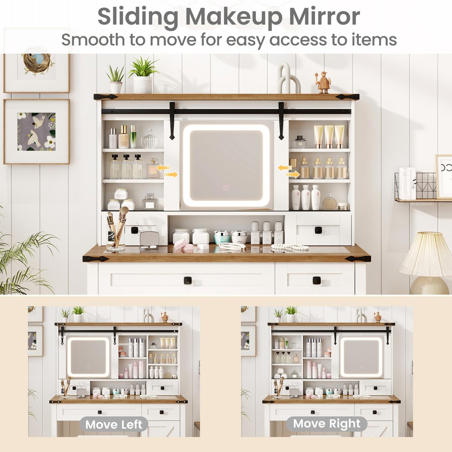 42'' Farmhouse Makeup Table with Sliding Mirror for Women